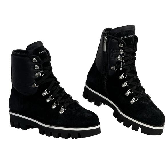 Aquatalia Morena Combat Boot Lug Sole NEW Women 7 Weatherproof Suede Black Italy - Picture 3 of 10